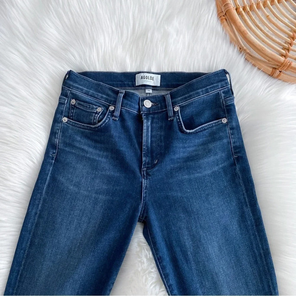 Agolde Sophie Skinny Jeans Raw Hem Distressed Dark Blue Fading Cut off 26 - Picture 5 of 13